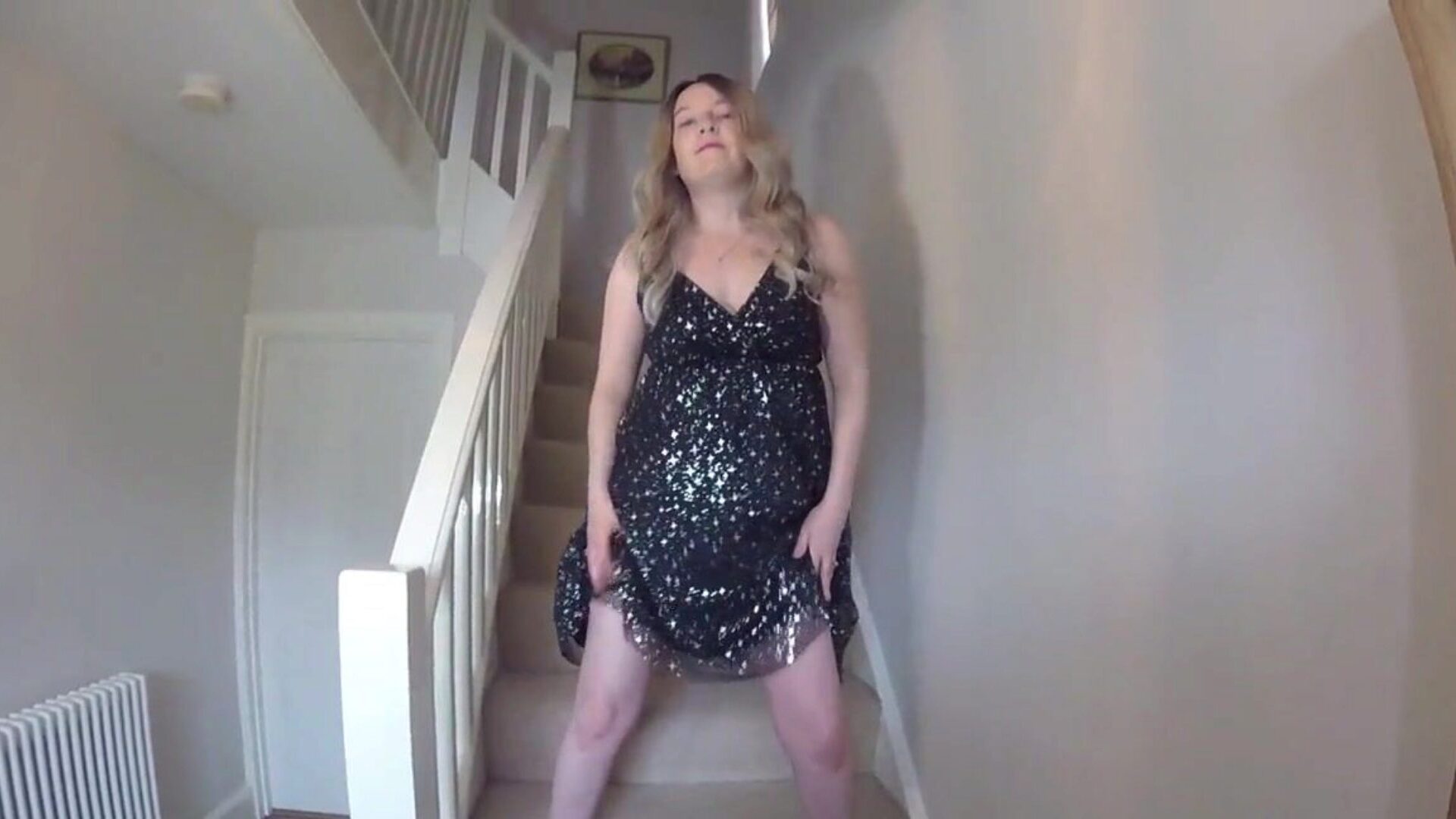 Party Dress British wife Haley in Party Dress on the stairs