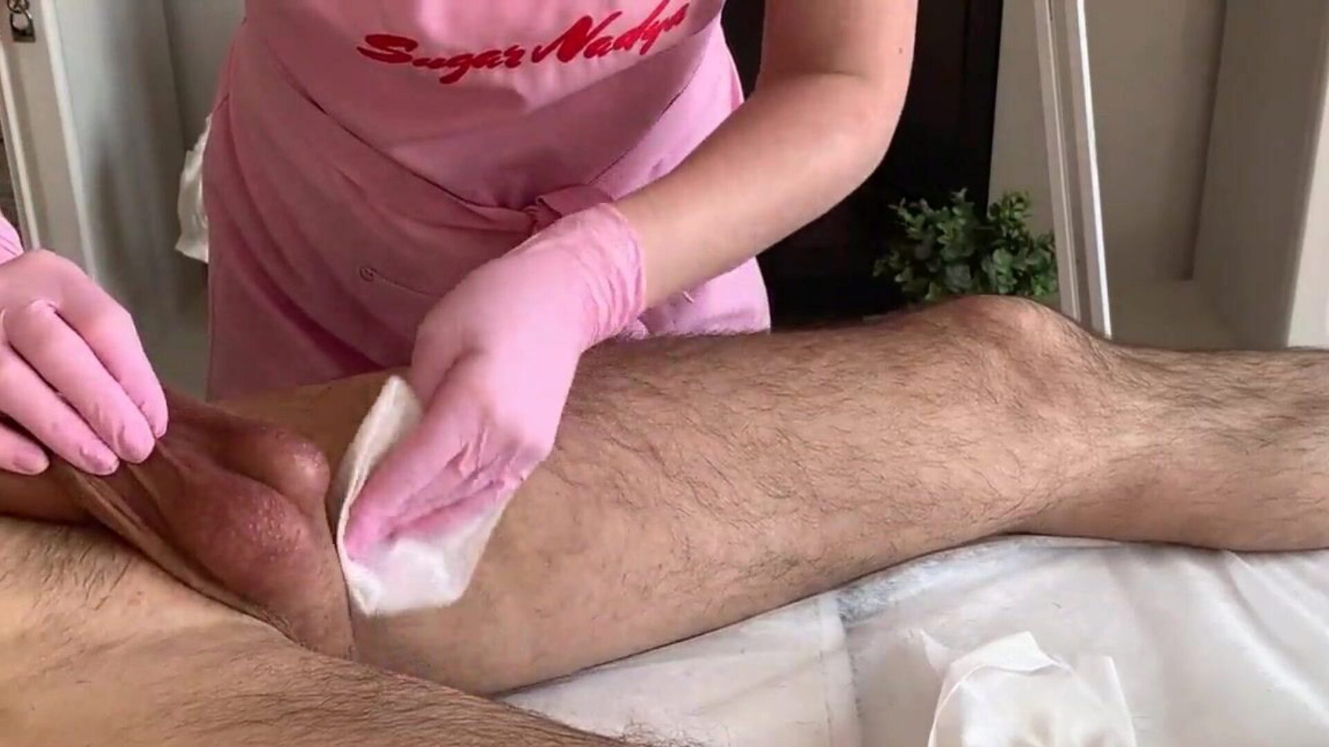 A lot of ball cream during ejaculation on depilation