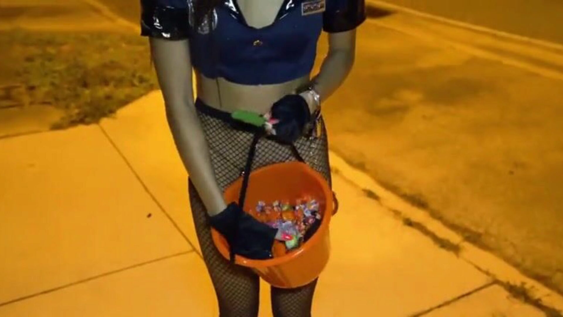 Outdoor multiracial on Halloween with a lewd Asian cop gal Twisted Asian teen Vina Sky decides to suit up as a policewoman. She demonstrates off her ideal gams and constricted ass on the street, not indeed wearing any pants She too demonstrates her diminutive milk shakes at beautiful much every single passing truck It doesn't take very lengthy for this lewd trick or treater to find the chap who's willing to pound her in front of the camera. The boys costume by the way, is exceedingly slothful He wears a clown mask during the time that dressed in a bloodied hatchet. Is he an extra in one of 'em Purge videos or something Vina jams his schlong in her throat after showcasing off her soaked Asian cunt to him. She receives truly dirty with it which prompts the chap to pulverize her mouth even tighter We then watch hard-core standing doggy style orgy with the good-looking Asian seductress. After that, Vina rides his penis in the one and the other reverse and normal cowgirl previous to lastly getting drilled sideways on the random table. For some reason, she wishes this man to internal ejaculation her tight wet crack Will this chab or won't this guy Watch the flick to discover out!